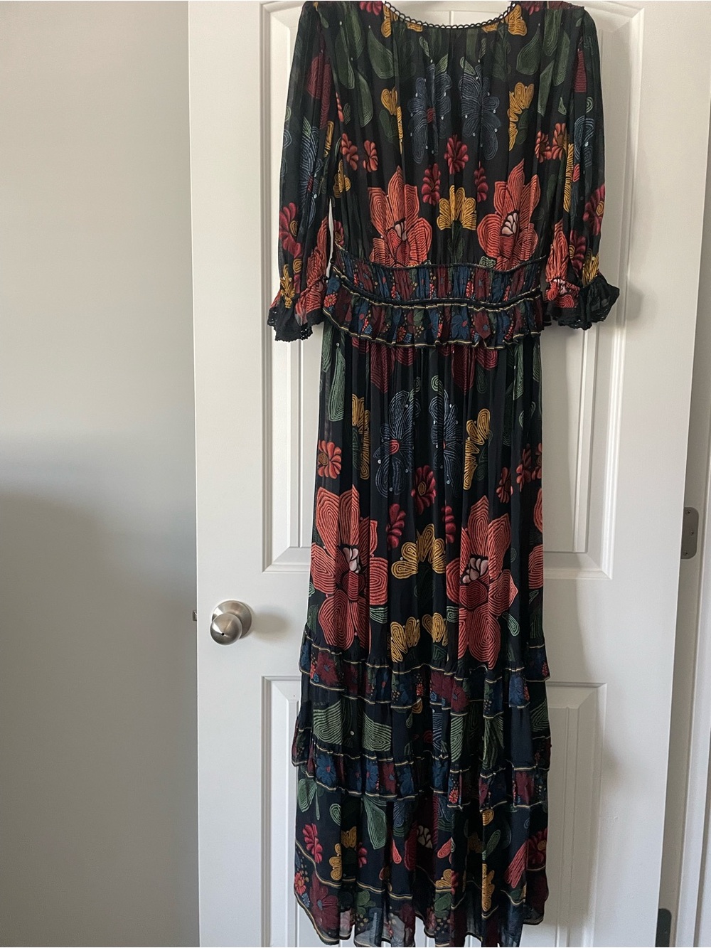 Farm Rio Floral V-Neck Tiered Maxi Dress in Black - Picture 10 of 11